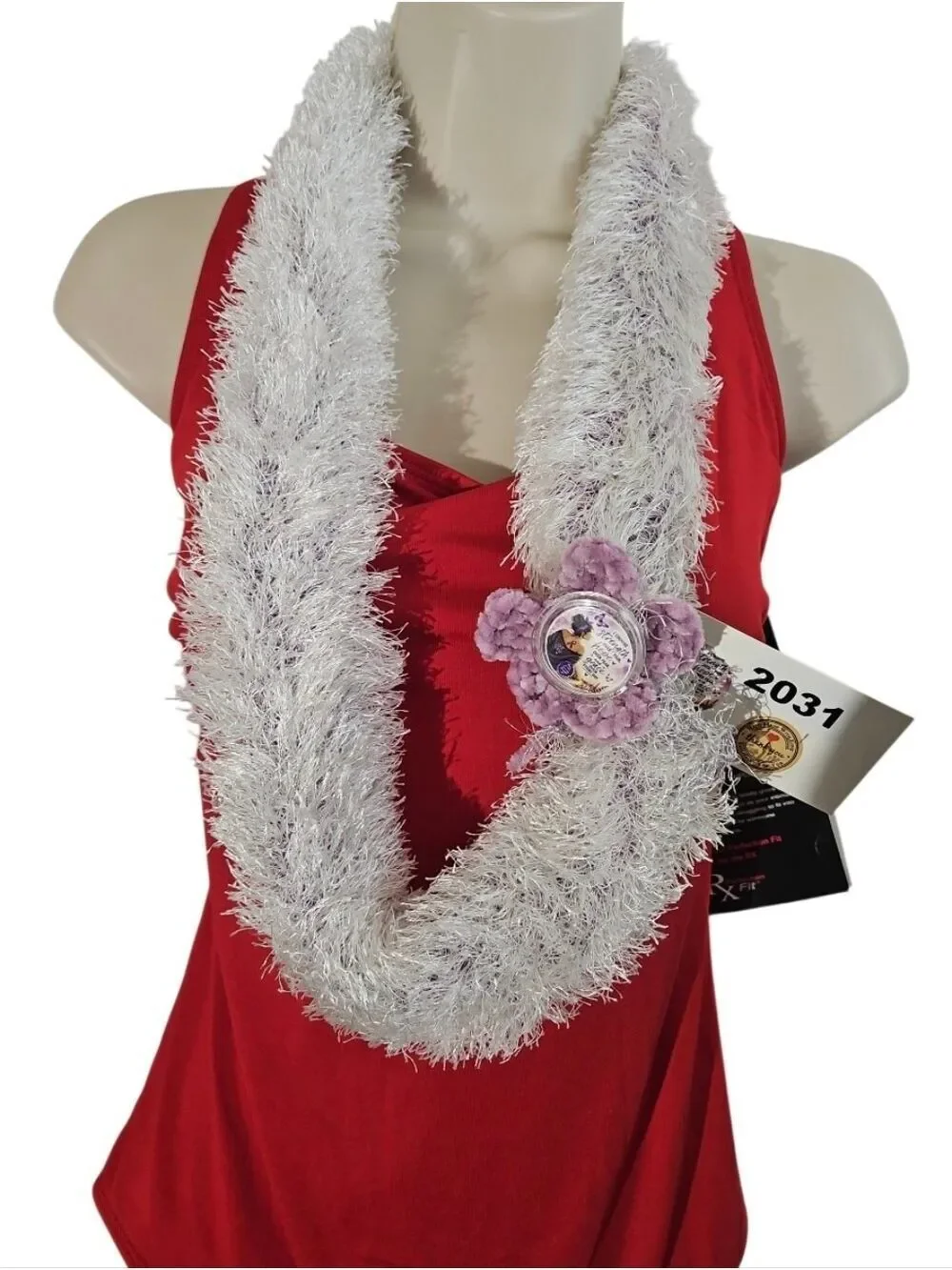 Handmade Faux Fur Crochet Boa Scarf Lavender Pain Awareness Brooch OOAK Botanica